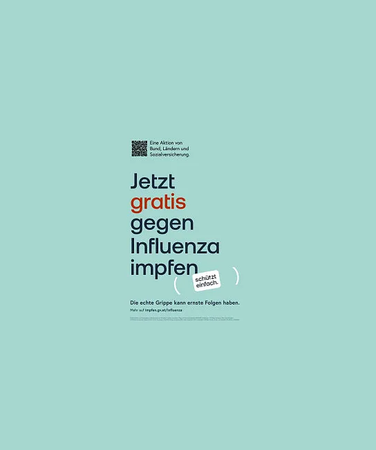 Plakat mit dem Text "Jetzt gratis gegen Influenza impfen", auf hellgrünem Hintergrund. Eine Aktion von Stadt, Kranken und Sozialversicherung. Schlichtes Design.